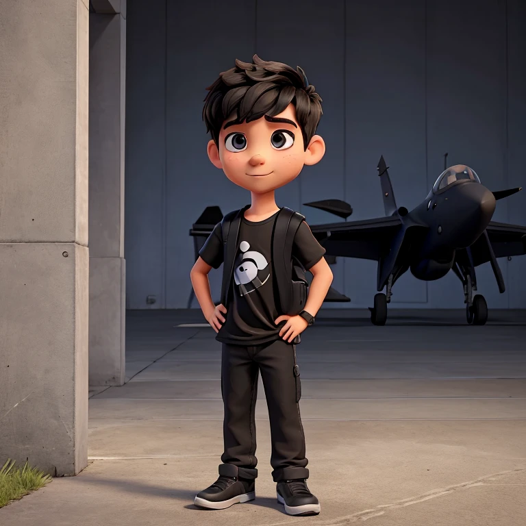 boy, wearing a black t-shirt, holding a cellphone, standing next to a fighter jet