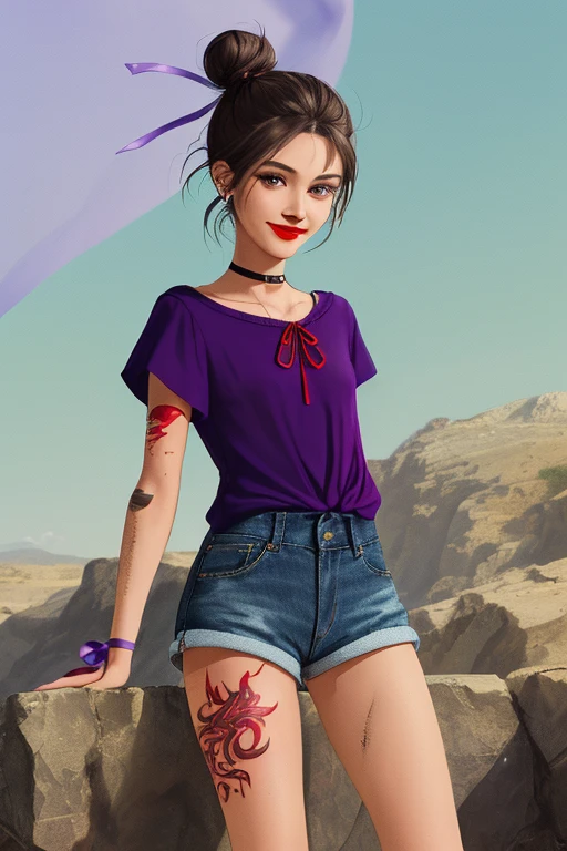 ((23 year old woman)), ((indigenous woman)), ((native american)), ((brown skin)), ((has red tattoos depicting nature all over her arms and legs)), ((labret piercing, healed burn scars on wrists)), ((high cheekbones)), ((rounded oval face)), ((slim figure)), ((anthic folds at the outer corners of eyes)), ((almond shaped eyes)), ((prominent nose)), ((deep red lipstick)), ((black hair tied back in a bun)), ((braids wrapped around hair bun with purple ribbons)), ((long purple blouse)), ((cheeky smile)), ((hazel eyes)), ((black skin)), ((small chin)), ((small lips)), ((denim shorts)
