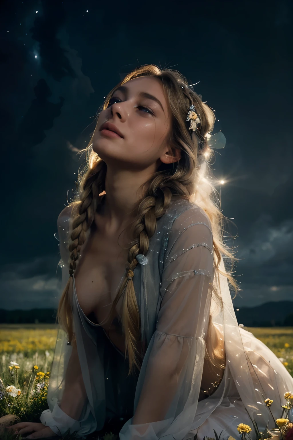 The maiden, with her eyes full of tears, sits gracefully on her knees amidst a flower meadow. Her hair cascades down her back in a very long blonde braid, reaching towards the sky as if reaching for euphoria. The shine from her clothes, incredibly delicate, translucent, and airy, creates an ethereal aura around her. With an angelic look upon her face, she embraces the divine theme of the scene. A long transparent veil adorned with crystals trails behind her, resembling the wisps of a cosmic nebula. Despite the gloomy and dark environment, as clouds gather overhead, her presence illuminates the surroundings.