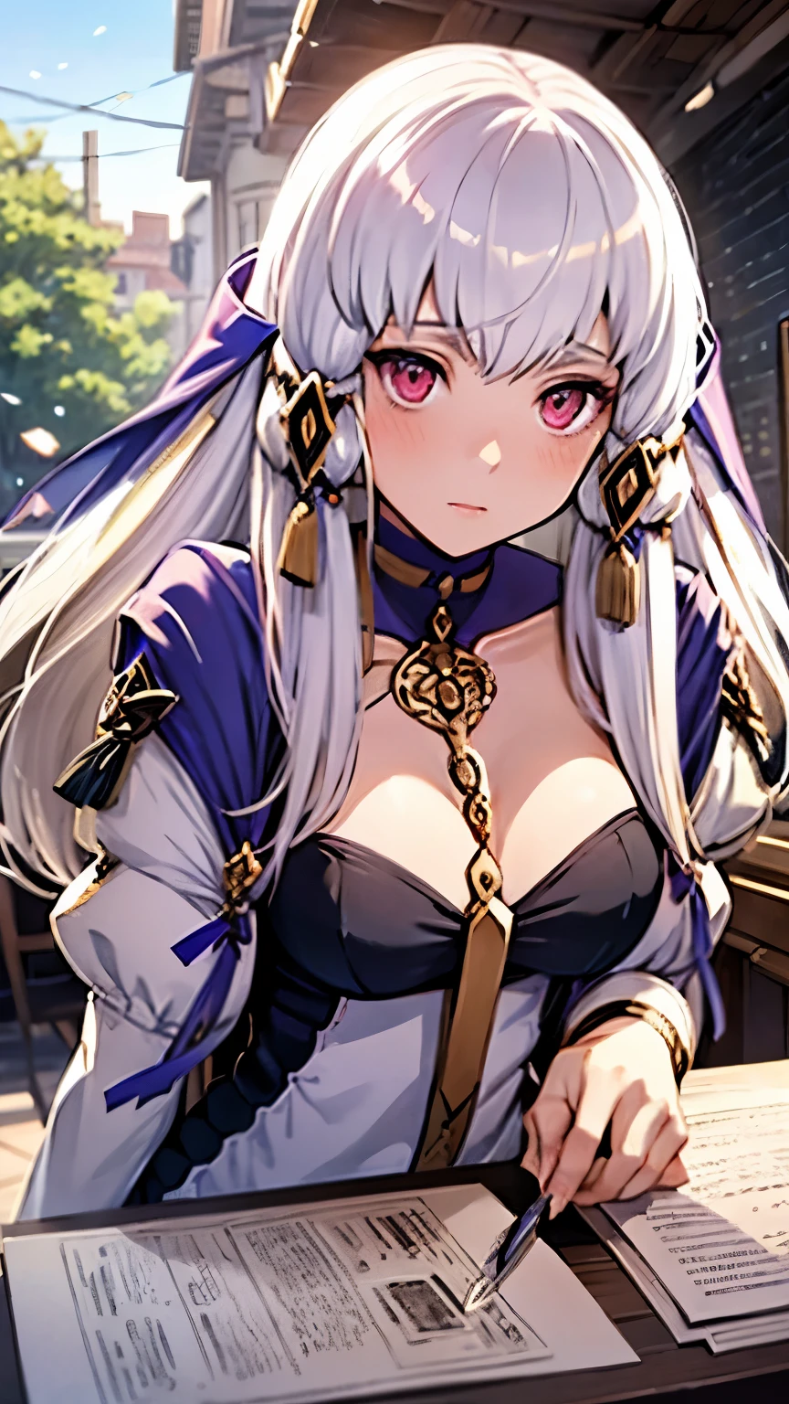 ganerate beautiful potrait of lysithea from fire emblem, on the cafe, blushing, view on camera, high angle, beautiful, stunning, adult face, big chest, colorfull (clear face, perfect face, perfect anatomy, beautiful anatomy, beautiful body, masterpiece, highest quality, best quality, official art)