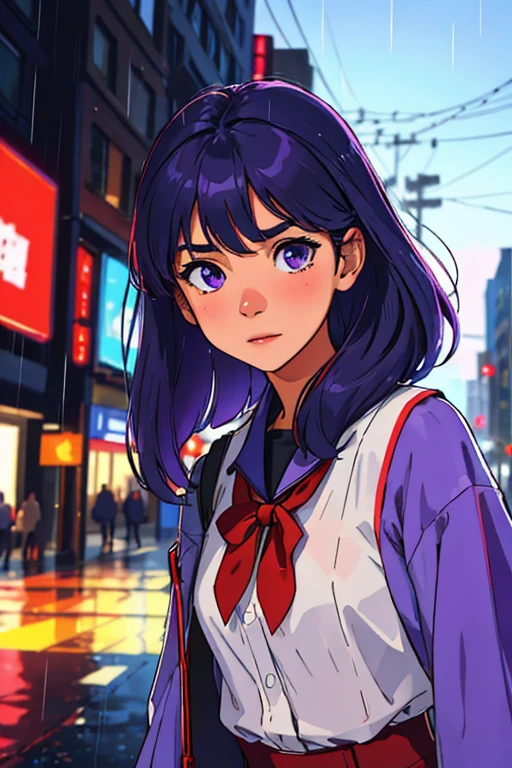 masterpiece, highest quality, realistic, subsurface scattering, chromatic lighting,
colorized, red + white + purple + blue limited color palette, detailed concept drawing, line-art, illustration,
fashion,
close-up of 18yo 1girl,small breasts,
shy,
bangs hair,
urban outfit,
sleeves,
pleated,
metallic,
city,
school, people,
rain
blurred background