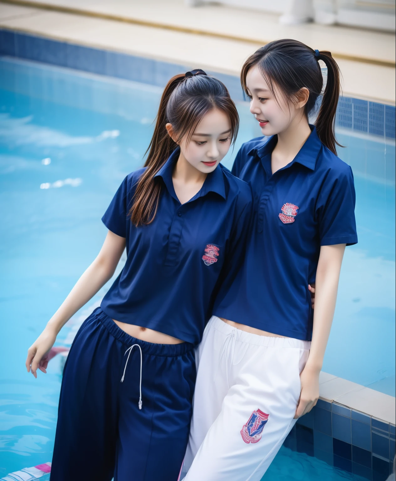 2 girls in the swimming pool, Navy blue short-sleeved shirt,Navy Long Trackpant,Sweatpants, Sweatpantsขายาว,25 year old girl, lesbian, sexy, exercise clothes, wet body, exercise clothes
