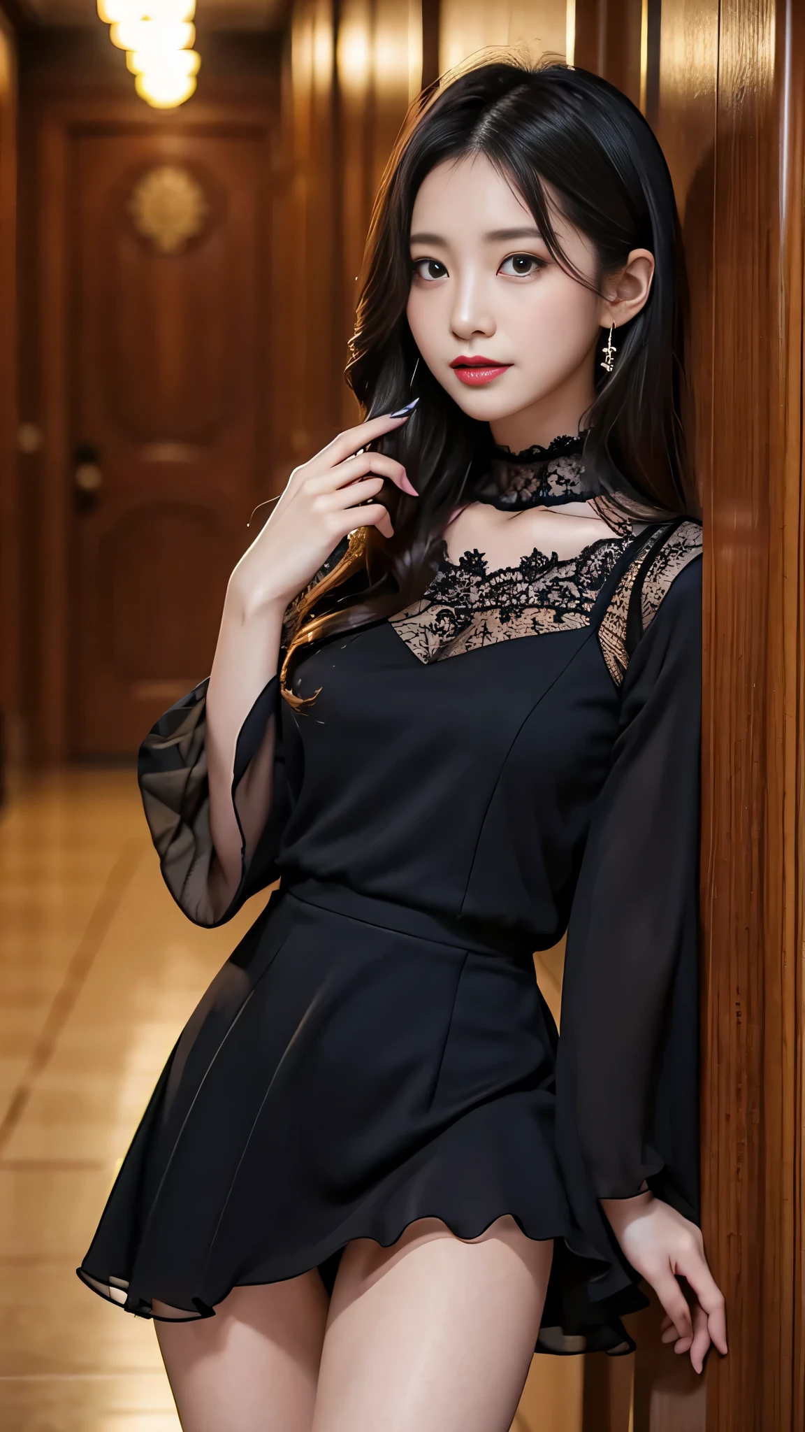 Super detailed、japanese woman、wearing a lace insert dress、flare skirt、charming beauty、seductive adult woman、Dainty woman、sharp eyes、cool girl、wavy hair、suit、Black chiffon、wide sleeve、Shiny legs、evilの幹部、evil depravity、brainwashing、Mind control、Have lipstick、grin、邪evilなな表情、evil、empty eyes、邪evilな、High school hallway at night、