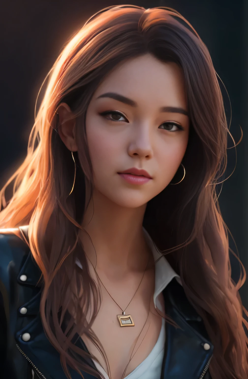 a woman with long hair and a leather jacket is staring at the camera, by Ross Tran, artwork in the style of guweiz, digital art ilya kuvshinov, in the style of ross tran, ross tran 8 k, realistic art style, rossdraws global illumination, beautiful digital artwork, realistic artstyle, adorable digital painting, ross tran style