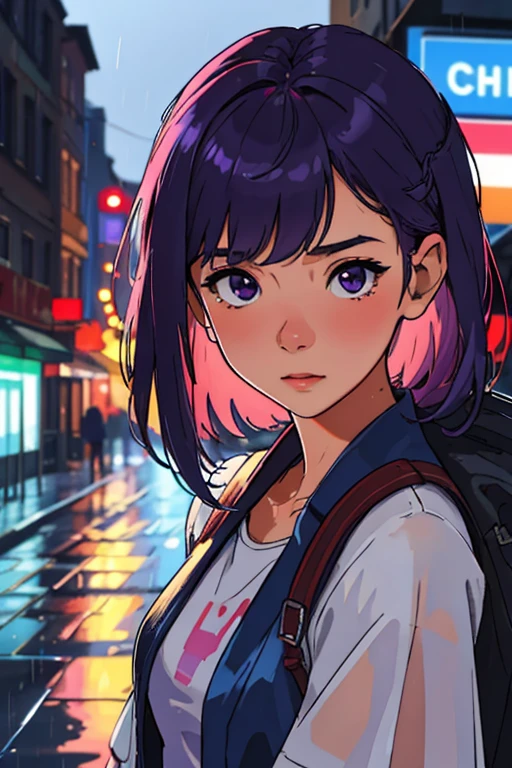 masterpiece, highest quality, realistic, subsurface scattering, chromatic lighting,

colorized, red + white + purple + blue limited color palette, detailed concept drawing, line-art, illustration,
fashion,

close-up of 18yo 1girl,small breasts,
shy,
bangs hair, 
urban outfit,
sleeves,
pleated,
metallic,


city,
school, people,
rain
blurred background