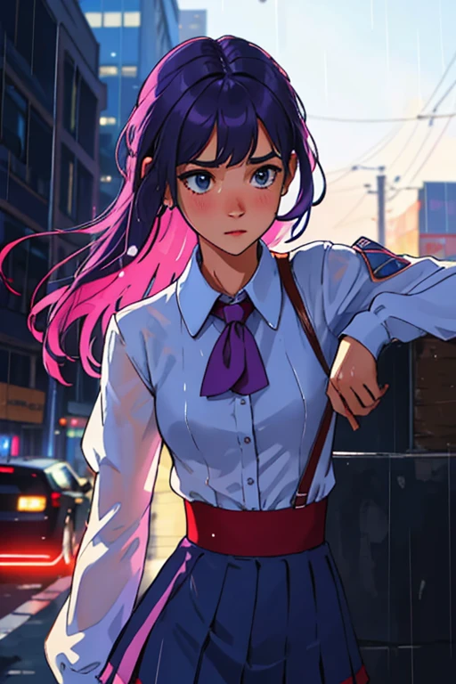 masterpiece, highest quality, realistic, subsurface scattering, chromatic lighting,
colorized, red + white + purple + blue limited color palette, detailed concept drawing, line-art, illustration,
fashion,
close-up of 18yo 1girl,small breasts,
shy,
bangs hair,
urban outfit,
sleeves,
pleated,
metallic,
city,
school, people,
rain
blurred background
