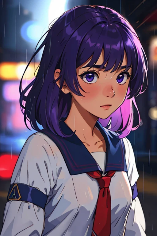 masterpiece, highest quality, realistic, subsurface scattering, chromatic lighting,
colorized, red + white + purple + blue limited color palette, detailed concept drawing, line-art, illustration,
fashion,
close-up of 18yo 1girl,small breasts,
shy,
bangs hair,
urban outfit,
sleeves,
pleated,
metallic,
city,
school, people,
rain
blurred background