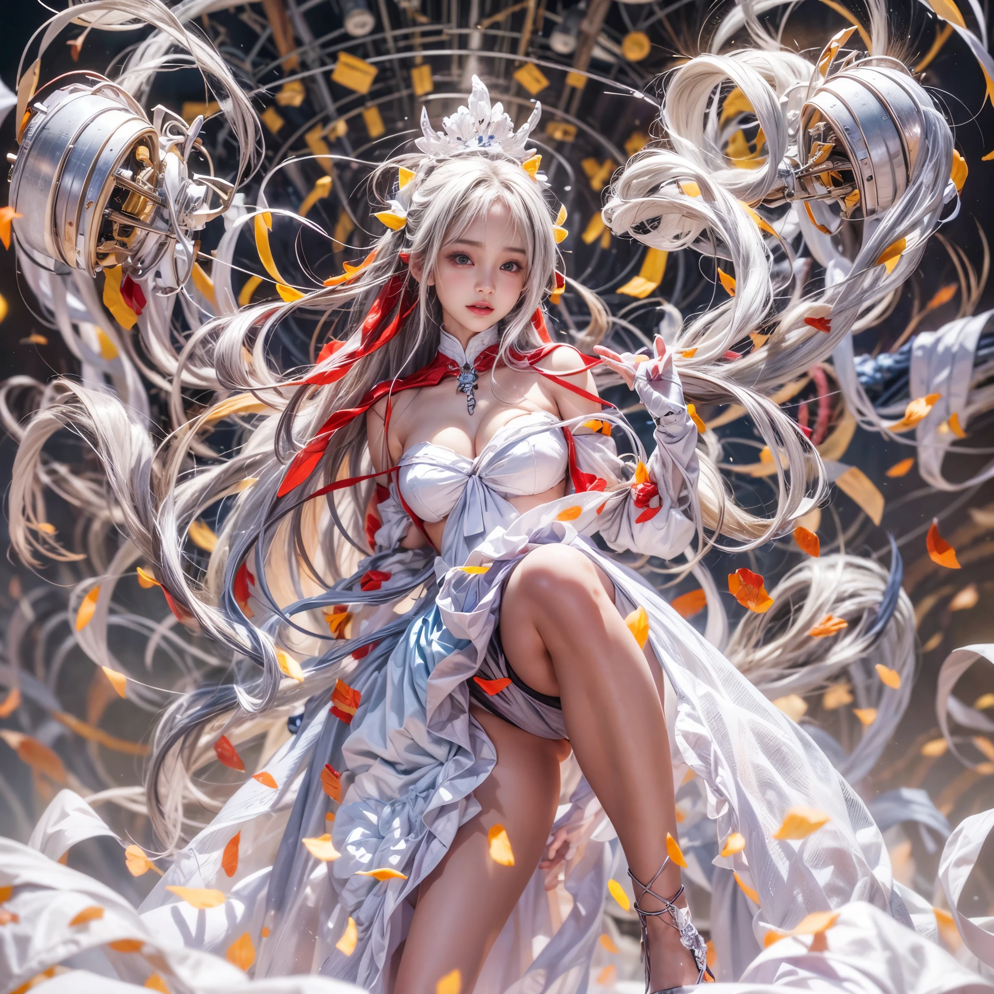 ((NSFW:-0.9, (nipple:-0.9), Acutance:0.85, White and Red, Mystic sight, (many Dazzling flush lights with lens flares), Luminous Particles, many colorful Lights )) . best quality, (masterpiece:1.3, ((realistic and photorealistic with touch of rawness:1.37)), ultra detailed:1.3) . (Amazing KAWAII Idols Walking on stage), ((Extremely detailed (KAWAII face variations)) with joyful expressions), { oiled ivory skin | Overflowing Biomechanical HUGE and HEAVY boob | pretty hips | (Exquisitely White dress with back cutouts) | Full of flowers covering girl's body | long hair:-0.8 }, { (Visible naked backs with Overflowing sideboob) | ( Walking on stage with Red highheels, large crowd:1.4) } . (((Ass focus, butt crack))), Whole Body proportions and all limbs are anatomically accurate .