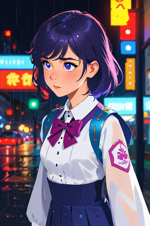 masterpiece, highest quality, realistic, subsurface scattering, chromatic lighting,

colorized, red + white + purple + blue limited color palette, detailed concept drawing, line-art, illustration,
fashion,

close-up of 18yo 1girl,small breasts,
shy,
bangs hair, 
urban outfit,
sleeves,
pleated,
metallic,


city,
school, people,
rain
blurred background
