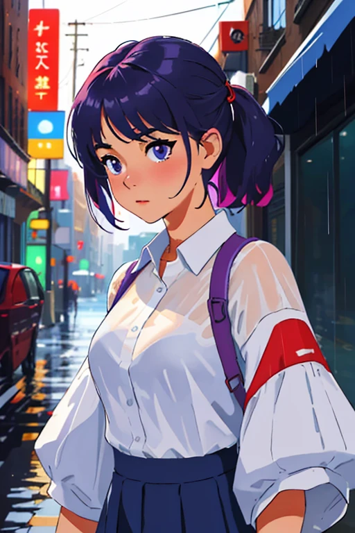 masterpiece, highest quality, realistic, subsurface scattering, chromatic lighting,

colorized, red + white + purple + blue limited color palette, detailed concept drawing, line-art, illustration,
fashion,

close-up of 18yo 1girl,small breasts,
shy,
bangs hair, 
urban outfit,
sleeves,
pleated,
metallic,


city,
school, people,
rain
blurred background