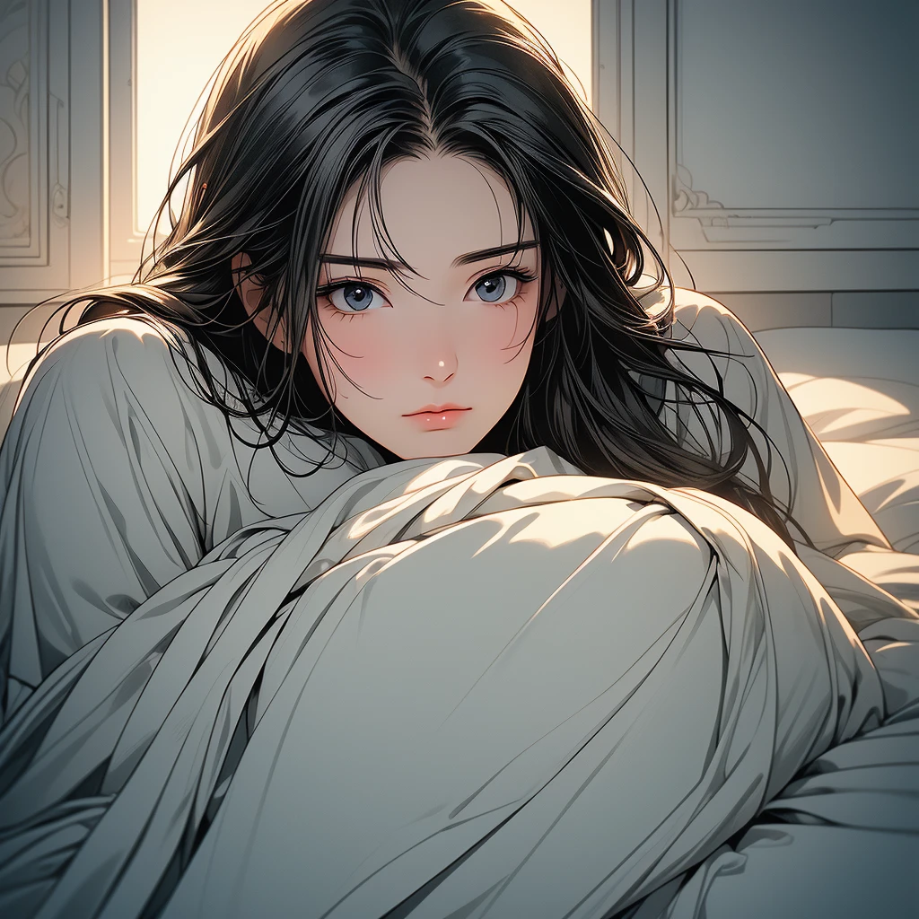 (masterpiece:1.4), (high-quality, high-definition, high-resolution), Realistic style, (primary warm vivid color palette),a beautiful woman with cold, cooling sheet on forehead, wears warm pajamas, huddled under quilt in bed in private room, cold symptoms, pained expression, (richly drawn and delicate)