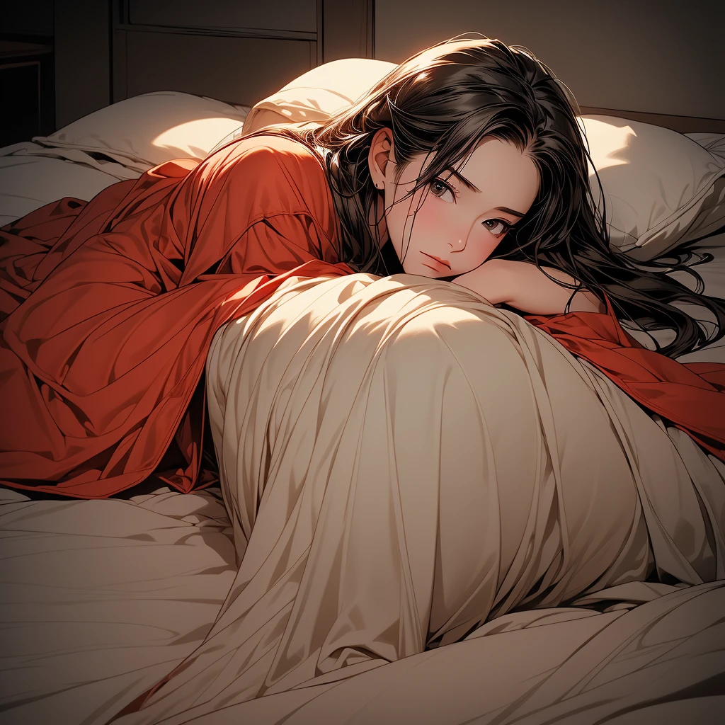 (masterpiece:1.4), (high-quality, high-definition, high-resolution), Realistic style, (primary warm vivid color palette),a beautiful woman with cold, cooling sheet on forehead, wears warm pajamas, huddled under quilt in bed in private room, cold symptoms, pained expression, (richly drawn and delicate)