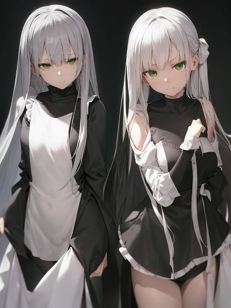 (best quality, masterpiece), 1 girl, intricate details, Beautiful and delicate face, perspective, looking at the audience, flat bangs, permanent,girls frontline, girls frontline style, from girls frontline, girls frontline cg,Morbid beauty，The skin is almost transparent，green eyes，Leaning on the wall and looking down slightly，cold eyes，Furrow your eyebrows，Dissatisfied，Despicable，sneering，Silvery-white hair，Shoulder-length hair，maid outfit，black stockings， plump breasts，beautiful, nitty gritty, Super detailed, best quality, complex, anime style 4k， Popular topics on Artstation, good anatomy, 