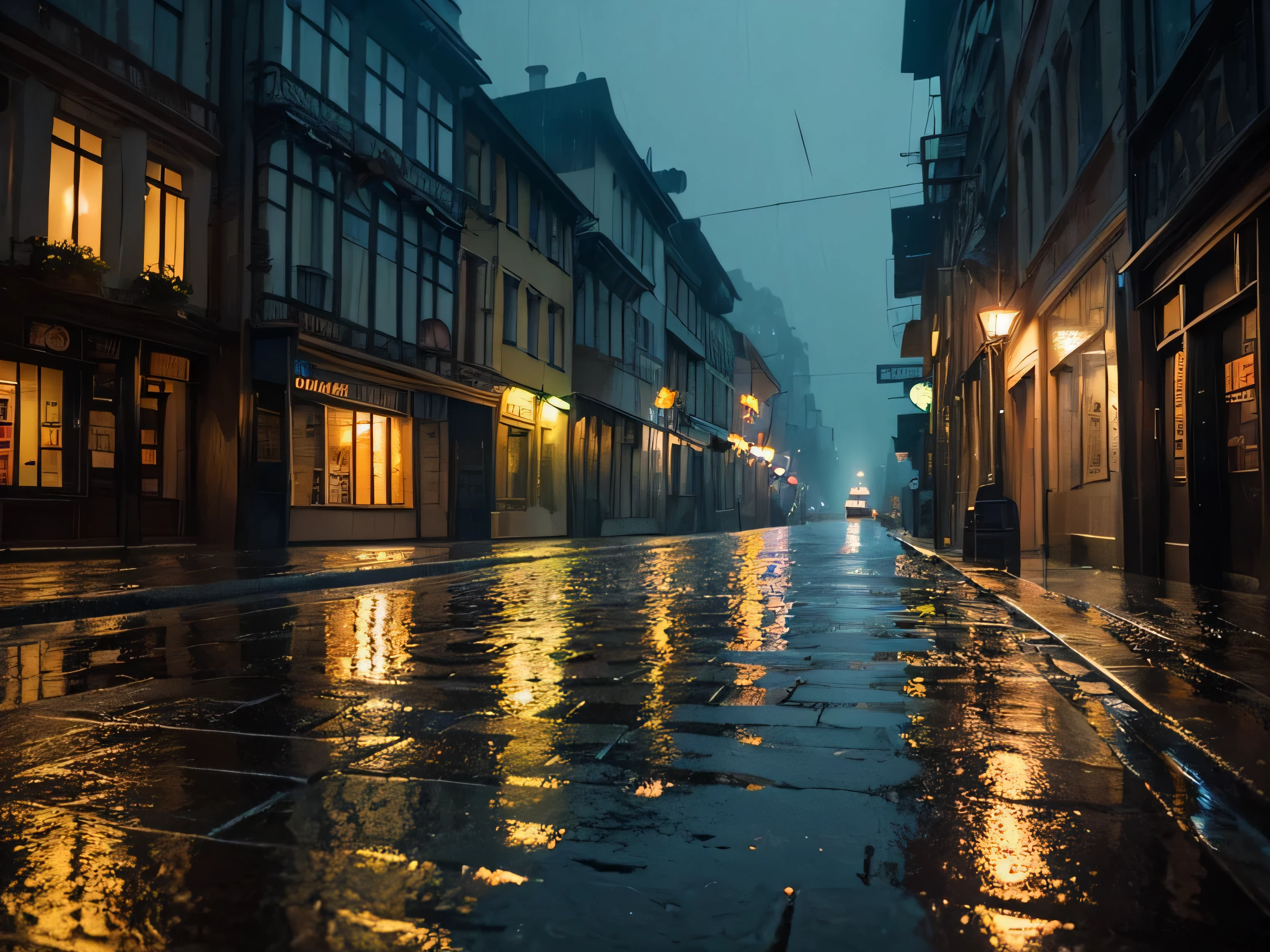 (rainy night, masterpiece, best quality, super detail),dark atmosphere,cityscape,lit by dim streetlights,glowing reflections on wet pavement,wet cobblestone streets,glimmering raindrops,misty fog enveloping the scene,shimmering neon lights in the distance,softly illuminated windows,drenched buildings with intricate architectural details,impressive depth and perspective,rich color palette capturing the mood of the night,meticulously captured rain-soaked textures,captivating interplay of light and shadow,revealing the beauty and serenity of the rainy urban nightscape,an awe-inspiring masterpiece that transports you to a captivating world of tranquility and mystery.