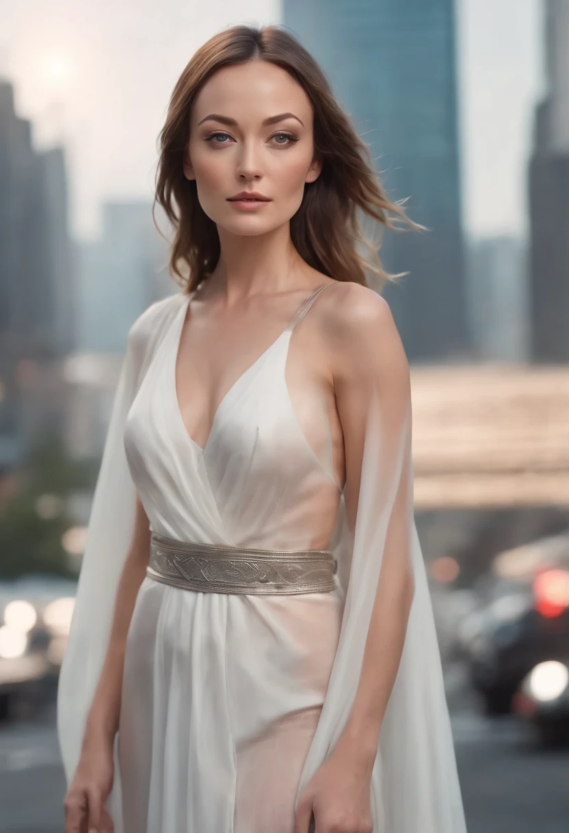  Olivia Wilde as a modern godess, with a transparent toga, showing us tits,  in a futuristic city, ultra- realistic, illustration hi quality, anime style, full HD