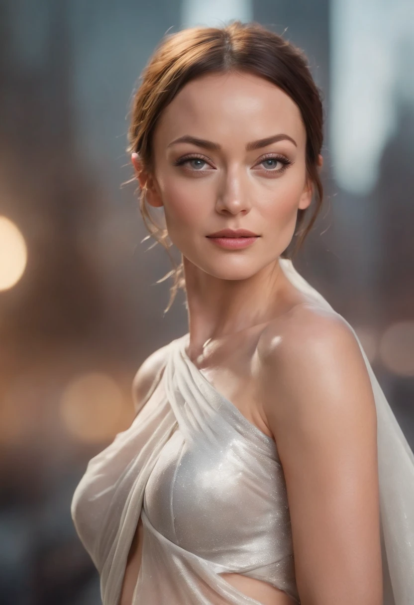 Olivia Wilde as a modern godess, with a transparent toga, showing us tits, in a futuristic city, ultra- realistic, illustration hi quality, anime style, full HD