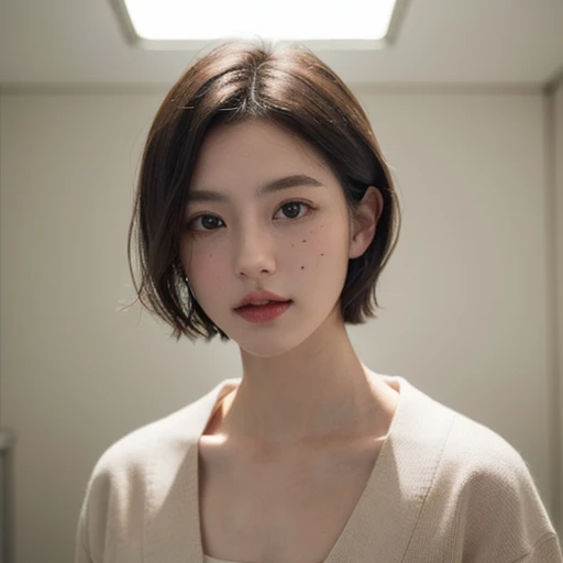 ((masterpiece:1.4、top-quality))、(photographrealistic:1.4)、profetional lighting、physically-based renderingt,Cowboy Shot,Short hair, look down, extra detailed face、Detailed skin, mole:0.3, (Women in Japan:1.05), White Room、white walls、Bright lighting