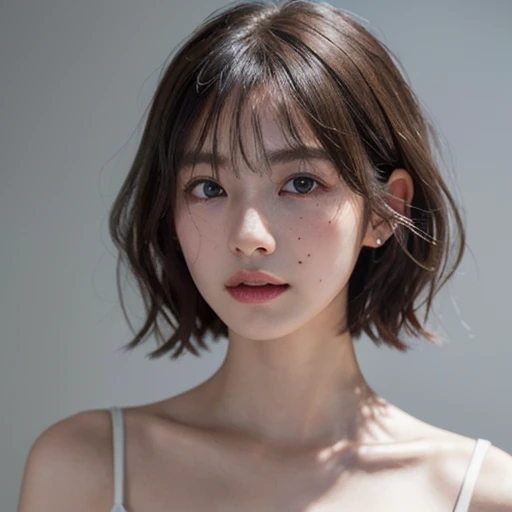 ((​masterpiece:1.4、top-quality))、(photographrealistic:1.4)、profetional lighting、physically-based renderingt,Cowboy Shot,Short hair, look down, extra detailed face、Detailed skin, mole:0.3, (Women in Japan:1.05), White Room、white walls、Bright lighting