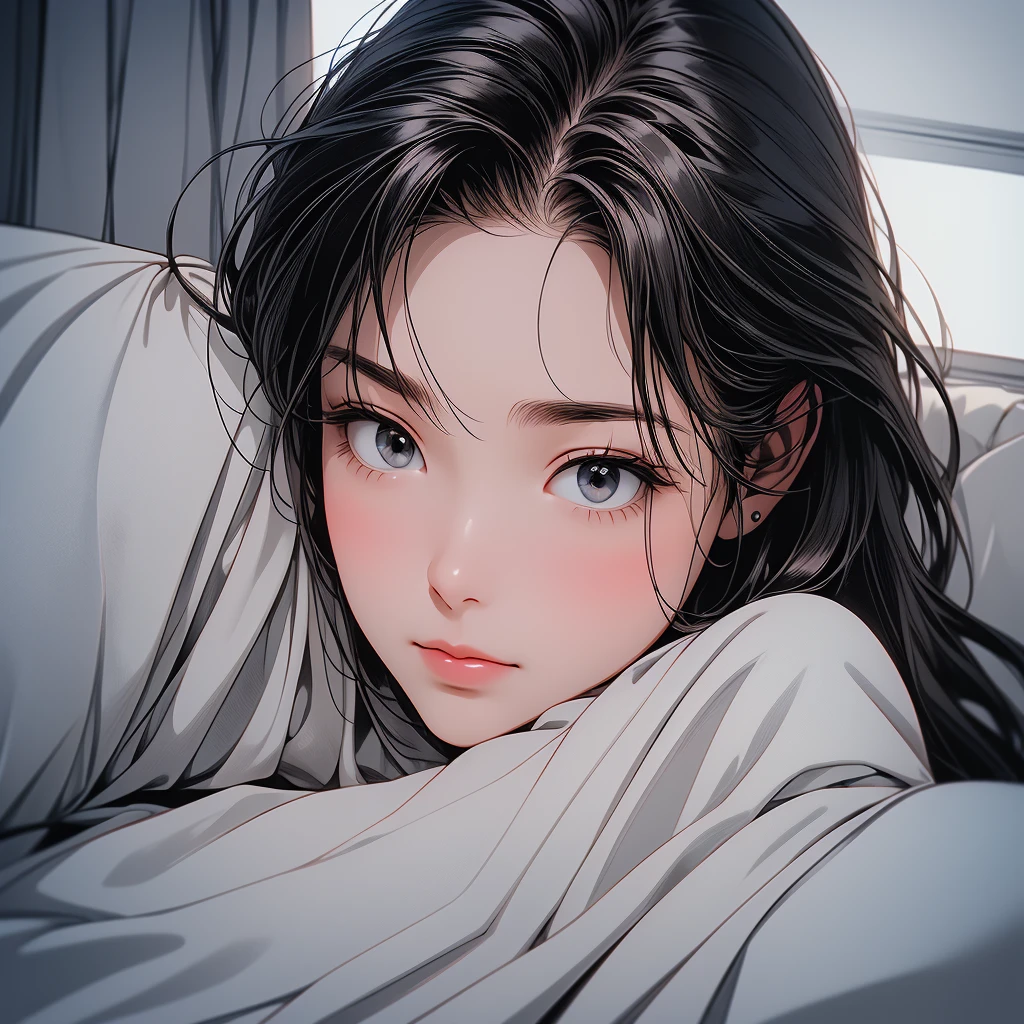 (masterpiece:1.4), (high-quality, high-definition, high-resolution), Realistic style, (primary warm vivid color palette),a beautiful woman with cold, cooling sheet on forehead, wears warm pajamas, huddled under quilt in bed in private room, cold symptoms, pained expression, (richly drawn and delicate)