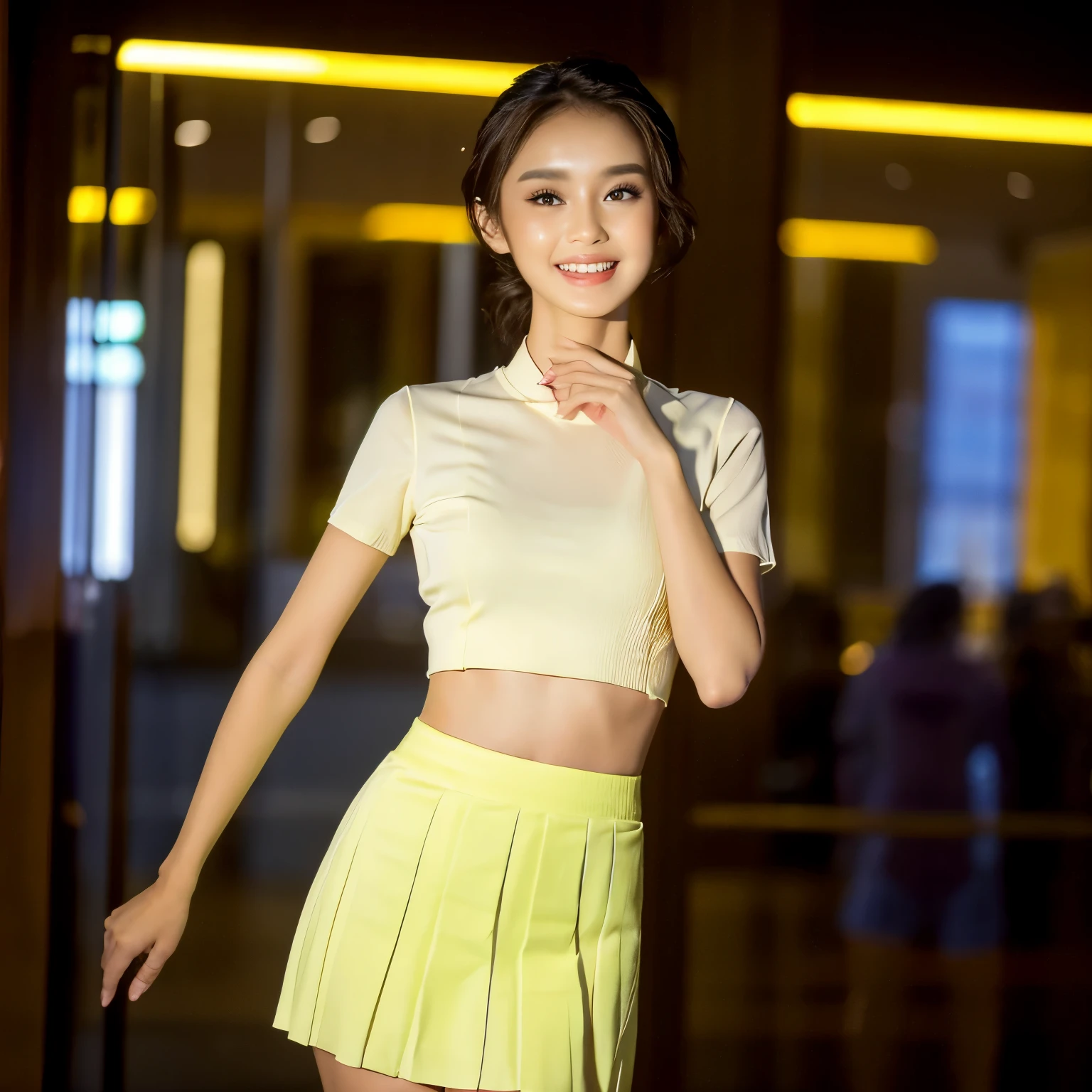highres, (best quality, masterpiece:1.2), (slim young woman), from front, short curly brunette, brown eyes, perfect eyes, highly detailed skin, (skinny body), (Apple Store employee outfit), ((white pleated skirt)), black long stockings, smiling, standing inside Apple Store, ((dark, deep shadow)), soft yellow lights, elegant
