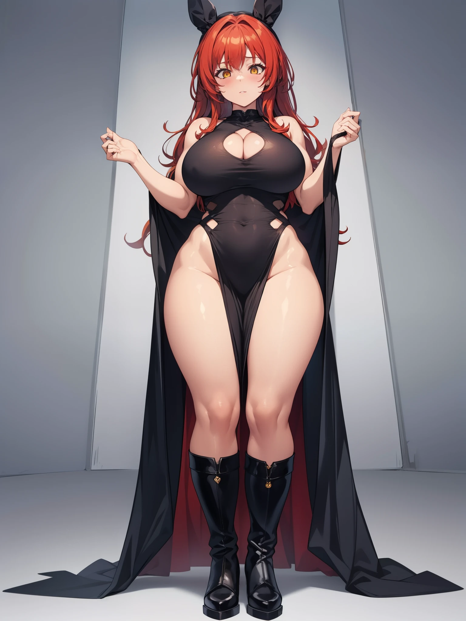 adult woman, warm skin, red hair, yellow eyes, high boots, gigantic breasts, long muscular legs, loose black one-piece dress, erotic pose, 8k, hd, masterpiece, full body sexy image, completely white background