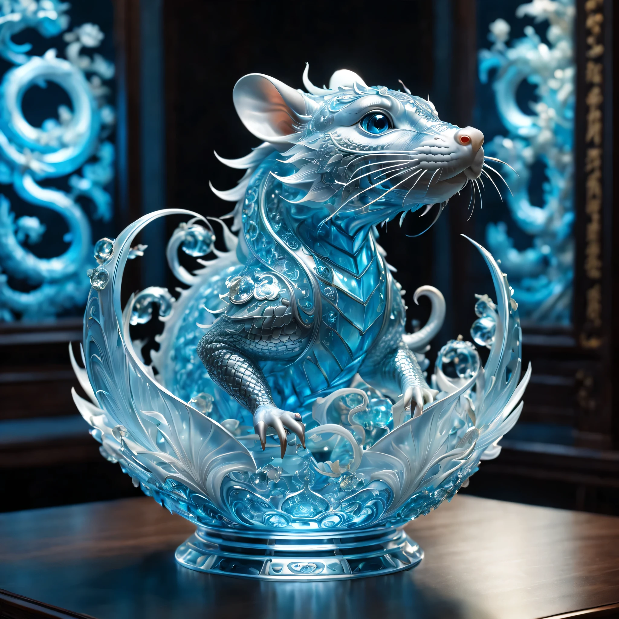 A dragon rat is displayed in an empty room, RococoStyle, Crystal nuclei, Realistic light depiction, interesting and complex, light blue, hidden academia, World pattern,The body of the vase is illuminated by light, RococoStyle, futuristic elements, Crystal nuclei, Chinese iconography, swirl, light blue, giant money sculpture, Futuristic fantasy style, light blue, An intricate underwater world, Realistic light depiction, clear colors, Crystal nuclei, Light cyan and white, An intricate underwater world风格, Crystal nuclei, chinapunk, swirl, light blue, Glowing portrait, light box,(best quality,4K,8k,high resolution,masterpiece:1.2),super detailed,(actual,realistically,lifelike:1.37),extremely detailed glass vase,There'Put mice on it,super detailedscp神器可以,Complex and gorgeous anime CGI style,Exquisite renderings of the Tang Dynasty,Better than Paul and James Ginn,complex artwork. Guilty car rendering,Complex 8K rendering,8k vray rendering,rendering art,filled with glass. Computer Graphics Association,High quality rendering