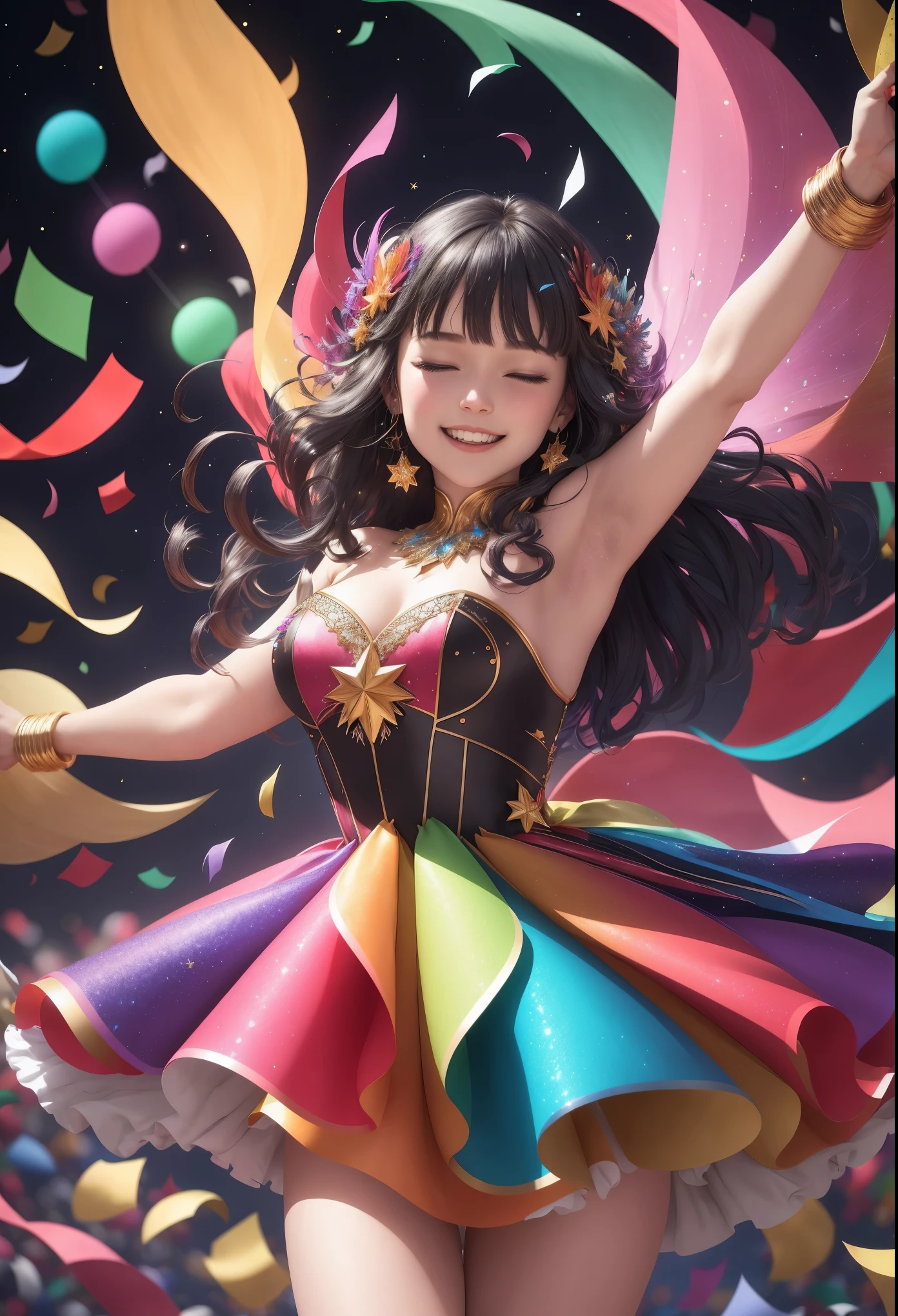vibrant multicolored confetti, fluttering through the air, night sky backdrop, a dance of festivity and color, swirling paper fragments catching the light of the stars, a celebration under the celestial expanse, festive atmosphere, confetti like a rainbow cascade, sparkling against the dark canvas of night, endless joy expressed in flying colors, a spectacle of hues, paper pieces glinting silver in the moonlight, (best quality,4k,8k,highres,masterpiece:1.2), ultra-detailed, (realistic, photorealistic, photo-realistic:1.37), joyful celebration, starlit festival, lively confetti storm, festive night air, dynamic motion, festive spirals, spectacular display of colors, bright specks of paper, sparkling lively night, midnight celebration, (shimmering effect:1.1), (colorful paper, glossy paper), (ethereal glow:1.1), (vivid colors:1.1), magical night event