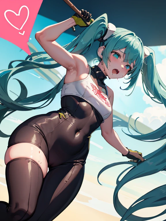 A cup、small breasts、slender、Hatsune Miku、Bunny Girl Cosplay、High leg、fishnet black tights、black glove、Show your armpits、Clothes with a wide open chest、Plump smooth thighs、Drenched in sweat、Sweat dripping、Steam is coming out from around the body、ecstatic expression、Estrus、erotic face、mouth wide open、sticks out tongue、Drool、kupaa、Cumming face、erotic armpits、Bitch、Ahegao、Peeing、Urine leakage、じょばじょばPeeing、Pee、shame