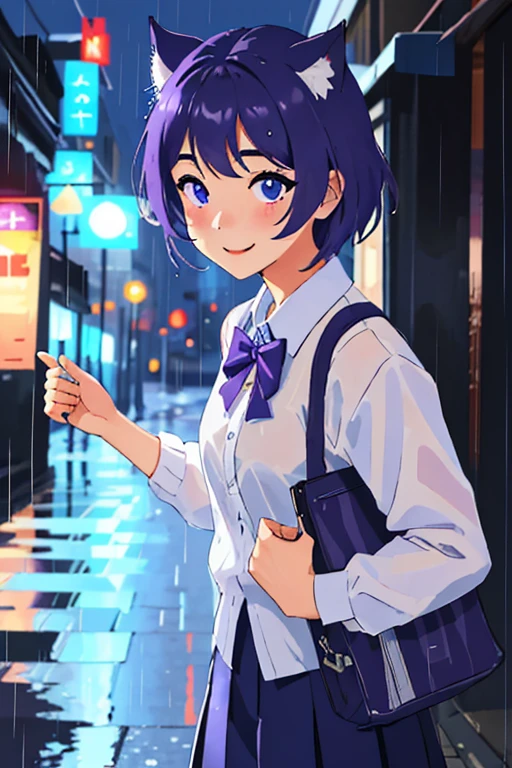 masterpiece、highest quality、real、Scattered beneath the surface、With colored lighting、Colorization、purple+ white + Blue limited color palette、Detailed conceptual diagram、line drawing、An illustration、fashion、18 歳 1 peopleの女の子のクローズ アップ、small breasts、shy、bangs、Urban attire、sleeved、pleats、metalic、City、School、people々、rain blurred background、smile。Cat ear。