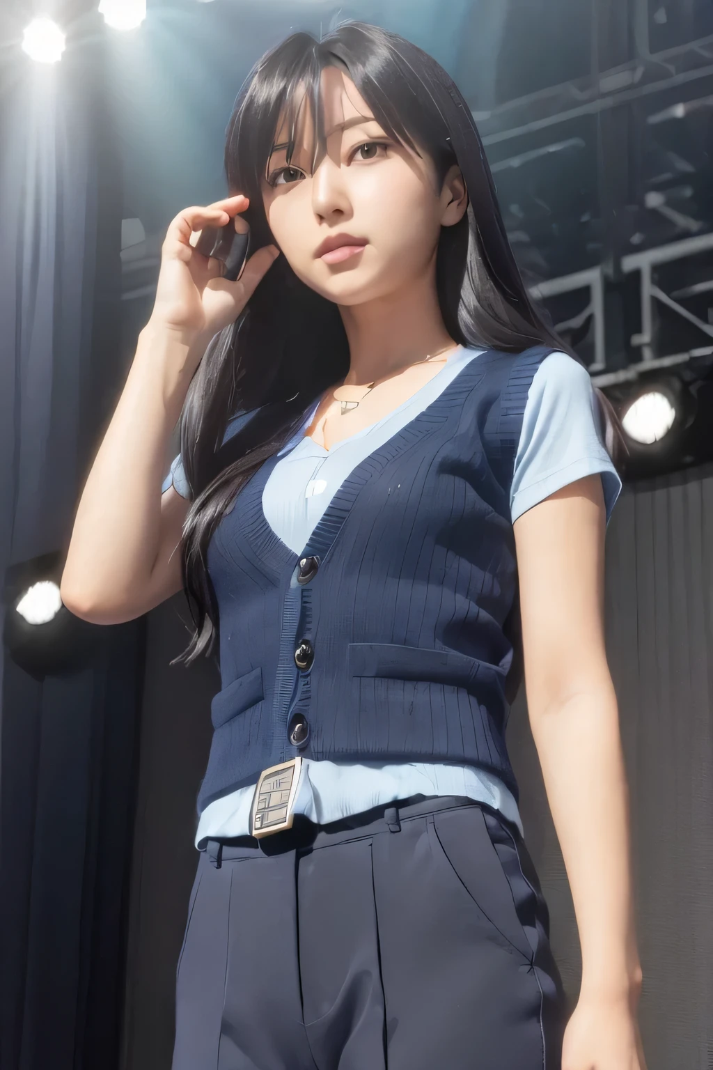 (((pixel perfect, Perfection with attention to detail))), alone, 1 girl, Chihaya Kisaragi, (black hair), stage, Idol, (Light blue T-shirt, Dark blue knitted vest, Dark blue slacks), looking at the viewer, :d, anger, break (flat chest:1.4)