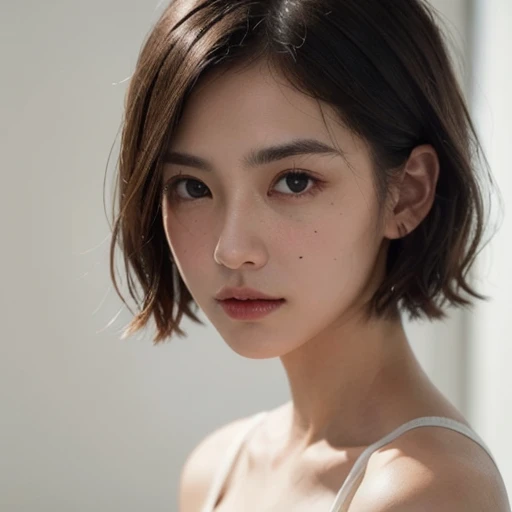 ((masterpiece:1.4、top-quality))、(photographrealistic:1.4)、profetional lighting、physically-based renderingt,Cowboy Shot,Short hair, troubled eyebrows, look down:1.3, extra detailed face、Detailed skin, mole:0.1, (Women in Japan:1.05), White Room、white walls、Bright lighting