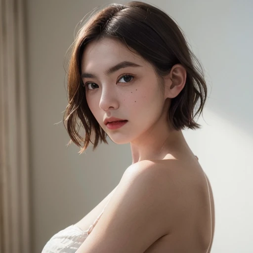 ((masterpiece:1.4、top-quality))、(photographrealistic:1.4)、profetional lighting、physically-based renderingt,Cowboy Shot,Short hair, troubled eyebrows, look down:1.3, extra detailed face、Detailed skin, mole:0.1, (Women in Japan:1.05), White Room、white walls、Bright lighting