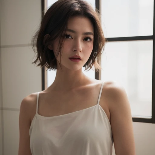 ((masterpiece:1.4、top-quality))、(photographrealistic:1.4)、profetional lighting、physically-based renderingt,Cowboy Shot,Short hair, troubled eyebrows, look down:1.3, extra detailed face、Detailed skin, mole:0.1, (Women in Japan:1.05), White Room、white walls、Bright lighting