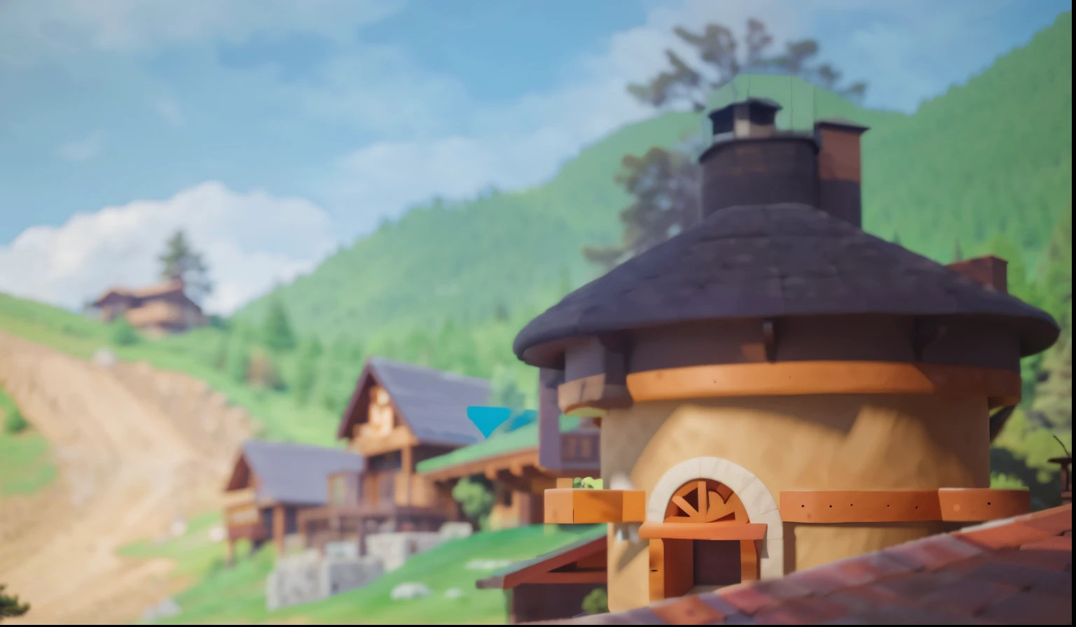 house,pines,distant mountains,high quality, 4K,realistic-cartoon, actual, Super details,non blurry,