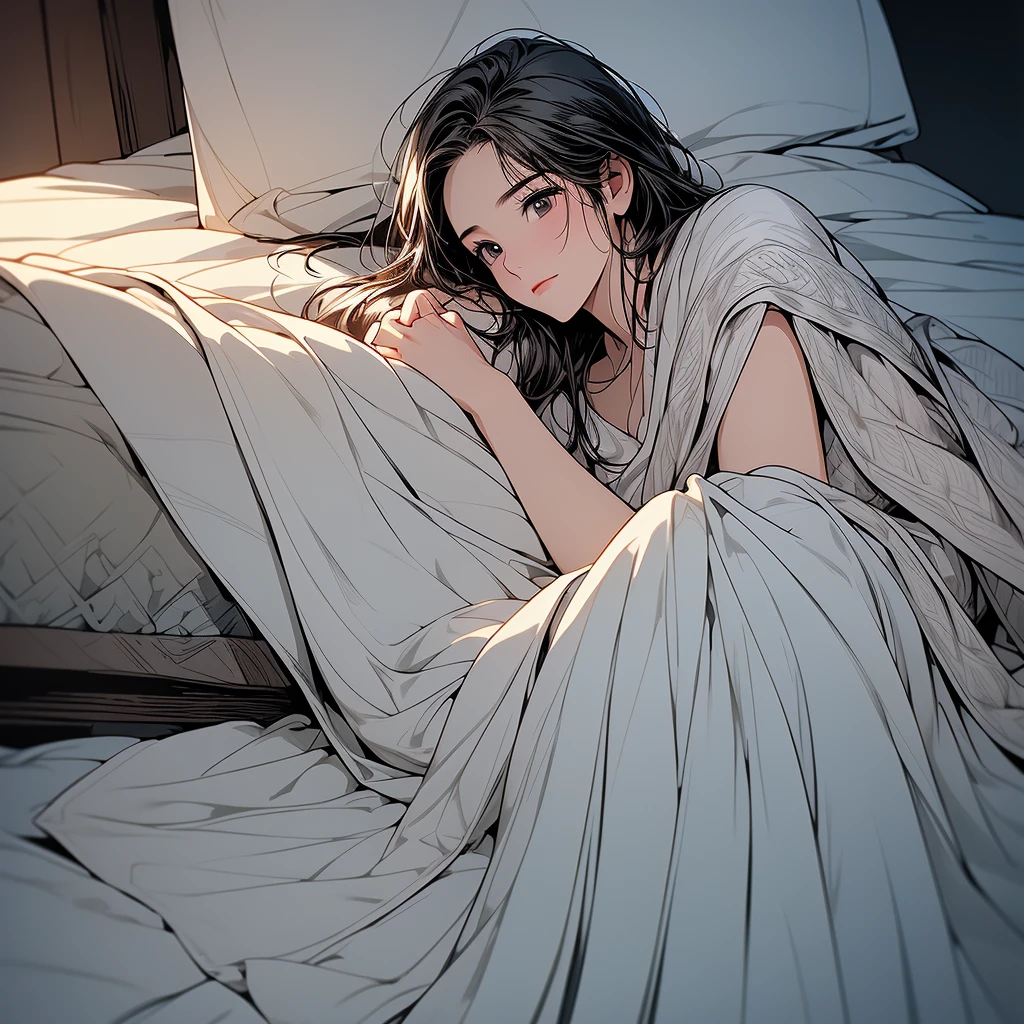 (masterpiece:1.4), (high-quality, high-definition, high-resolution), Realistic style, (primary warm vivid color palette),a beautiful woman with cold, cooling sheet on forehead, wears warm pajamas, huddled under quilt in bed in private room, cold symptoms, pained expression, (wrapped in a blanket, a Smartphone in her hand:1.2), (richly drawn and delicate)