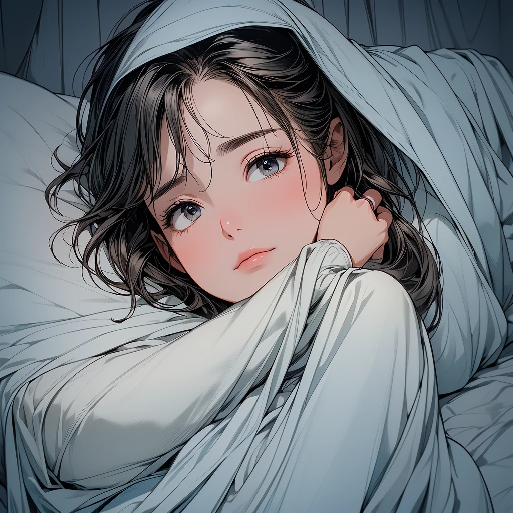 (masterpiece:1.4), (high-quality, high-definition, high-resolution), Realistic style, (primary warm vivid color palette),a beautiful woman with cold, cooling sheet on forehead, wears warm pajamas, huddled under quilt in bed in private room, cold symptoms, pained expression, (wrapped in a blanket, a Smartphone in her hand:1.2), (richly drawn and delicate)