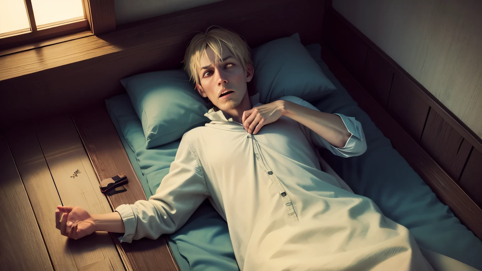 scared man lying in bed, wooden bed, wooden house, dark environment, dimly lit, seen from above
