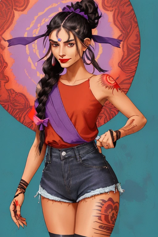 ((23 year old woman)), ((indigenous woman)), ((native american)), ((brown skin)), ((has red tattoos depicting nature all over her arms and legs)), ((labret piercing, healed burn scars on wrists)), ((high cheekbones)), ((rounded oval face)), ((slim figure)), ((anthic folds at the outer corners of eyes)), ((almond shaped eyes)), ((prominent nose)), ((deep red lipstick)), ((black hair tied back in a bun)), ((braids wrapped around hair bun with purple ribbons)), ((long coral blue blouse)), ((cheeky smile)), ((hazel eyes)), ((small chin)), ((small lips)), ((denim shorts)), ((darker brown skin)), ((native american woman)), ((Mexican Woman))