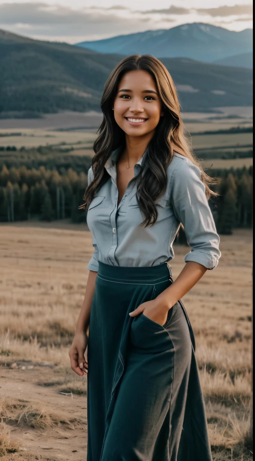 Foto hiperrealista en primer plano de Kelsey Asbille (native American ((light dark skin))), masterpiece, best quality, (photorealistic:1.4), full body,  (blue buttoned flannel shirt:1.1) and (green cotton maxi maxi skirt:1.1), (boots:1.2), on the ranch, grey day, Montana mountains in the background, cinematic light, beautiful woman, skinny, large big breasts, black long hair, detailed face, smile, facing the camera, photo taken from a distance, age of 25 years old, camera filter on pastel gray colors,, grey filter on camera