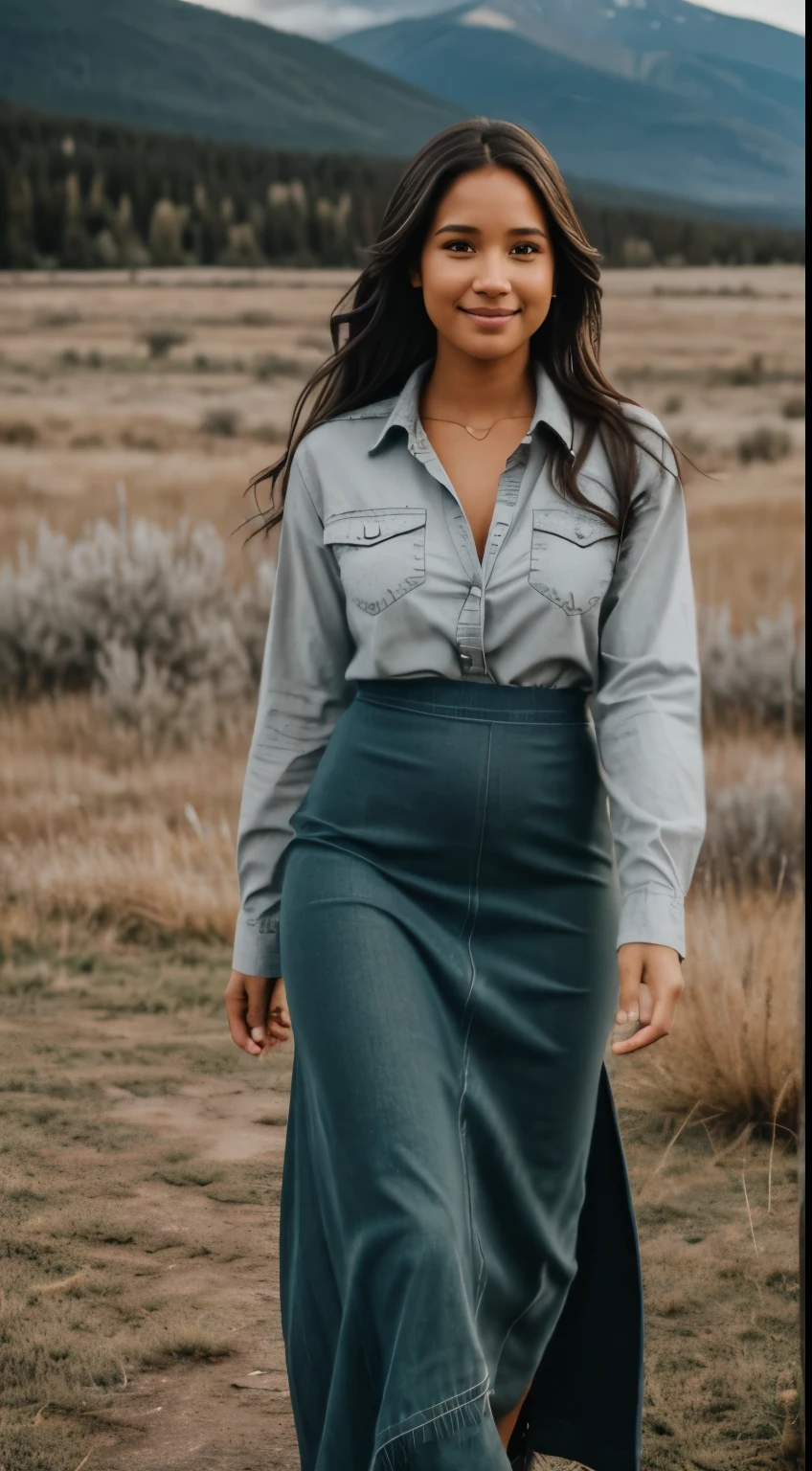 Foto hiperrealista en primer plano de Kelsey Asbille (native American ((light dark skin))), masterpiece, best quality, (photorealistic:1.4), full body, (blue buttoned flannel shirt:1.1) and (green cotton maxi maxi skirt:1.1), (boots:1.2), on the ranch, grey day, Montana mountains in the background, cinematic light, beautiful woman, skinny, large big breasts, black long hair, detailed face, smile, facing the camera, photo taken from a distance, age of 25 years old, camera filter on pastel gray colors,, grey filter on camera