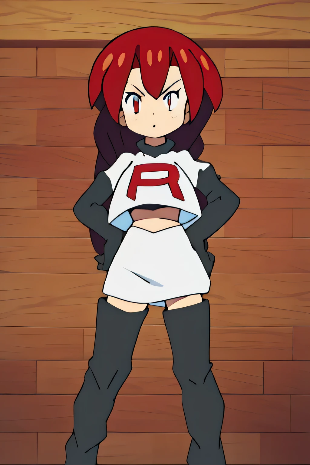 team rocket uniform, red letter r, white skirt,white crop top,black thigh-high boots, black elbow gloves, glaring angrily, looking at viewer, hands on hips, full body seen