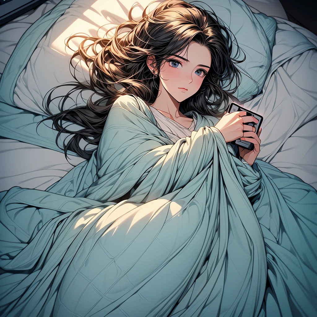 (masterpiece:1.4), (high-quality, high-definition, high-resolution), Realistic style, (primary warm vivid color palette),a beautiful woman with cold, (cooling sheet on her forehead), wears warm pajamas, huddled under quilt in bed in private room, cold symptoms, pained expression, (wrapped in a blanket, a Smartphone in her hand:1.4), (richly drawn and delicate)