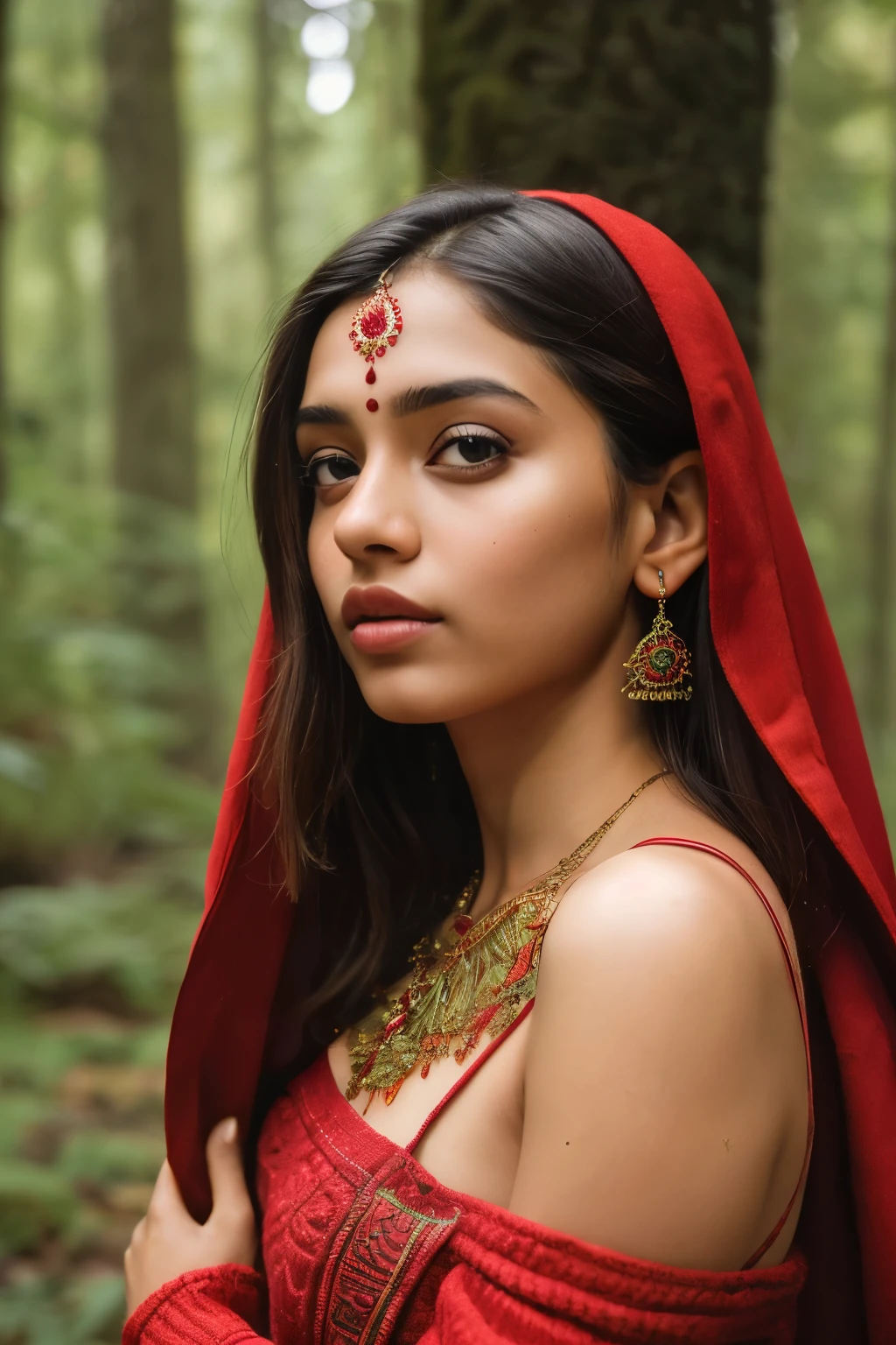 Cinematic photography of an Indian girl in the forest, adorned in a vibrant red cloak. The image captures the essence of raw natural beauty, with every detail highlighted flawlessly. Shot with a high-quality 50mm lens, the photograph showcases the girl's enchanting features in sharp focus, allowing viewers to immerse themselves in her captivating gaze. The interplay of side lighting and the lush greenery of the forest background adds depth and dimension to the composition. The girl's naturally medium breasts peek out from beneath the exquisite white shoulder knit sweater, adding a touch of sensuality to the scene. Delicate details such as the necklace around her neck and the intricate patterns of the forest enhance the overall aesthetic. Her highly detailed face and skin texture,