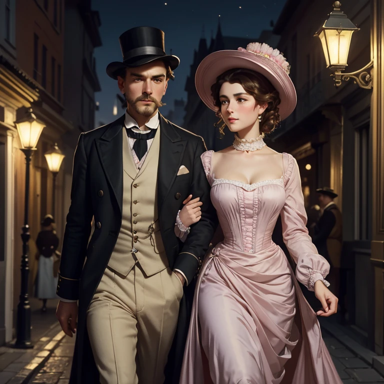 Painting , beautiful portrait, close-up, high resolution, 8k,of a woman in a pink dress and hat walking down a street, walking at night.by the , street lamps at night Art by Edouard Bisson, ( (Konstantin Razumov ) ), Konstantin Razumov, by Herbert James Gunn, Victorian lady, a beautiful Victorian woman, Victorian fantasy art, Herbert James Draper, dressed in Victorian clothes, Vittorio Matteo Corcos, beautiful character painting