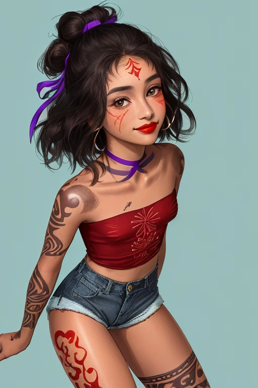 ((23 year old woman)), ((indigenous woman)), ((native american)), ((brown skin)), ((has red tattoos depicting nature all over her arms and legs)), ((labret piercing, healed burn scars on wrists)), ((high cheekbones)), ((rounded oval face)), ((slim figure)), ((anthic folds at the outer corners of eyes)), ((almond shaped eyes)), ((prominent nose)), ((deep red lipstick)), ((black hair tied back in a bun)), ((braids wrapped around hair bun with purple ribbons)), ((long coral blue blouse)), ((cheeky smile)), ((hazel eyes)), ((small chin)), ((small lips)), ((denim shorts)), ((darker brown skin)), ((native american woman)), ((Mexican Woman))