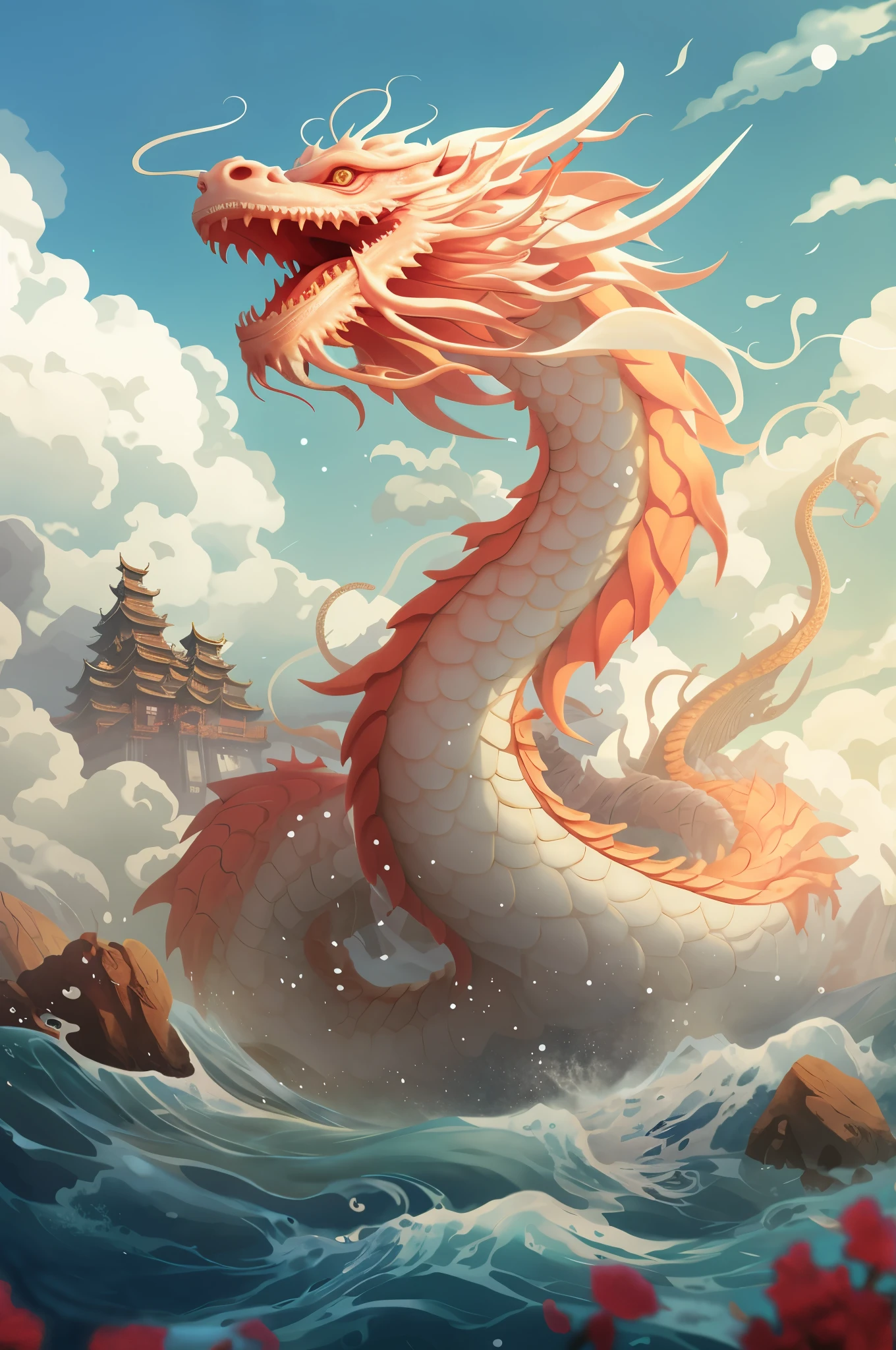 There is a dragon in the water,The background is a castle, Chinese dragon concept art, majestic japanese dragon, A beautiful artistic illustration, dragon art, sea serpent, by Ryan Ye, inspired author:Jeremy Chong, dragon dragon, Chinese fantasy, a dragon made of clouds, author:Jeremy Chong, Wu Bayard, Patrick Cheng, by Jason Chen