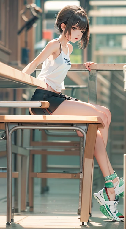 Troubled expression Raise hand Maki Horikita Beautiful girl Junior high school student White tank top Navel exposed Beautiful legs Track and field appearance Club activities Japanese classroom Small breasts Slender short stature Short hair Brown hair Whole body visible Sitting on desk Composition seen from below 透き通る白い肌 上から見た構図
