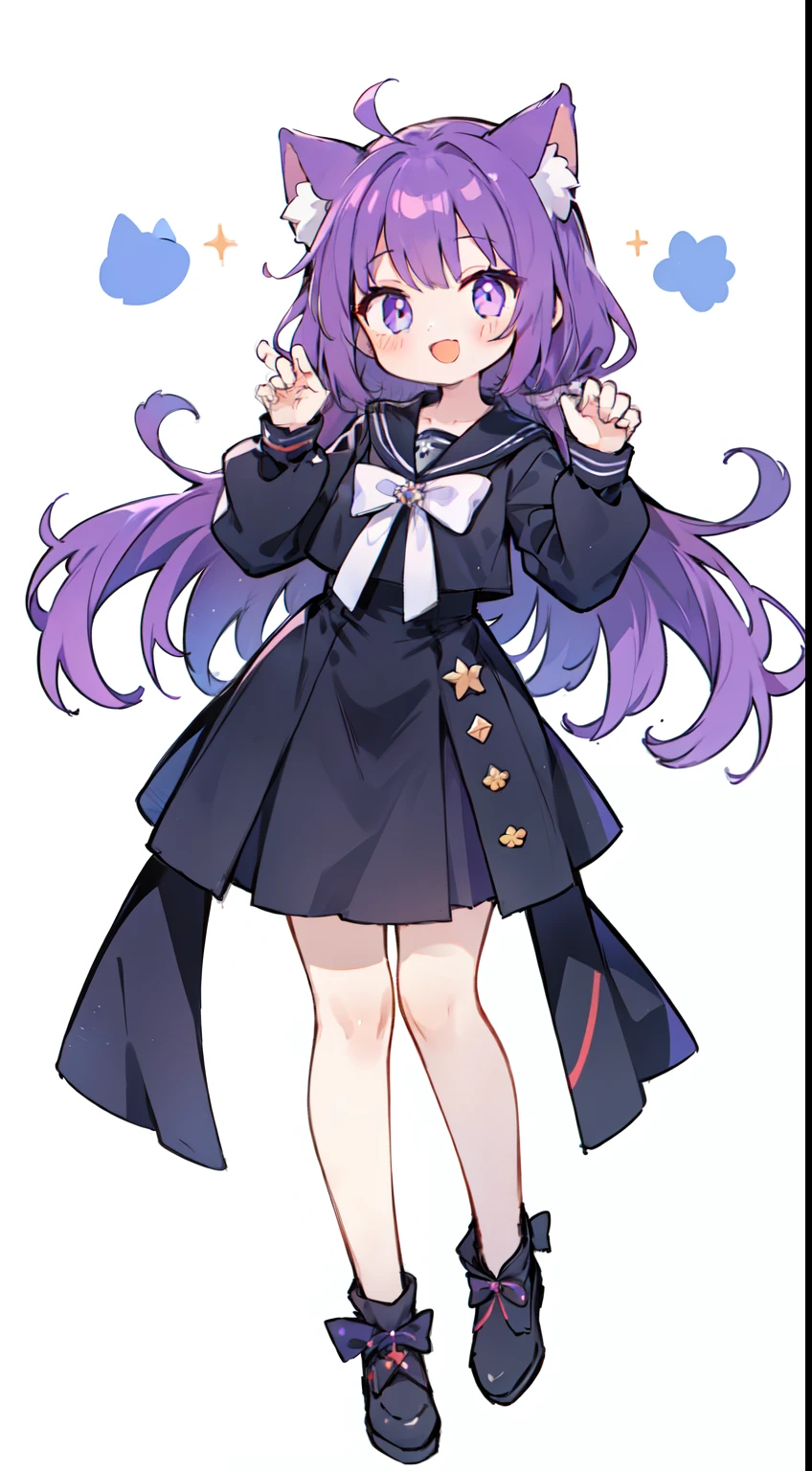 1 girl、((full body esbian、Standing picture:1.2)), highest quality、masterpiece、purple hair, long hair, Two knots, Cat ear、black sailor suit、purple ribbon、laughter、cat pose、A smile that opens its mouth a little、white background