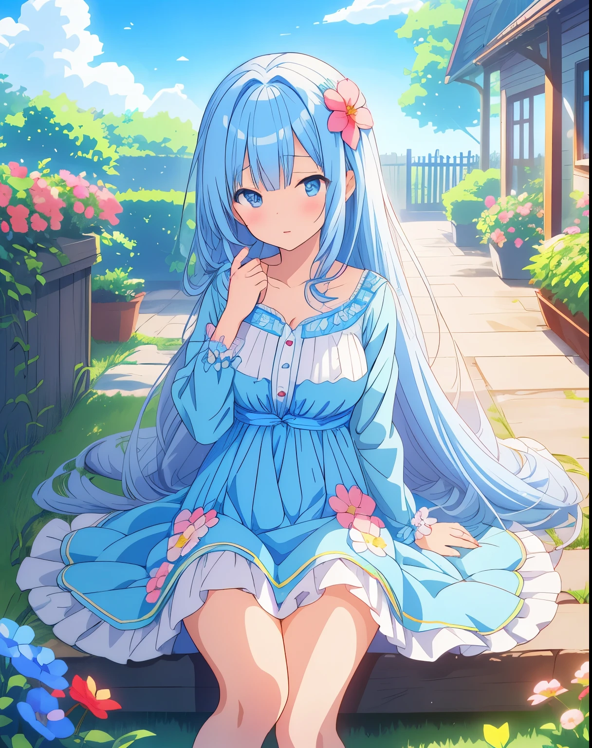 Anime,candy, beautiful girl, Shy girl,blue dress, hair sky blue, garden,flower,long hair, wolf cut long hair,