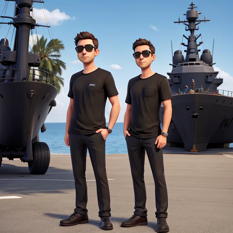 adult man, wearing a black t-shirt, wearing sunglasses, standing next to a warship
